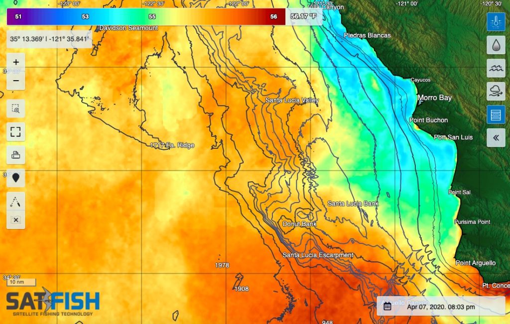 SatFish California Central Coast Sea Surface Temperature (SST) Fishing Map