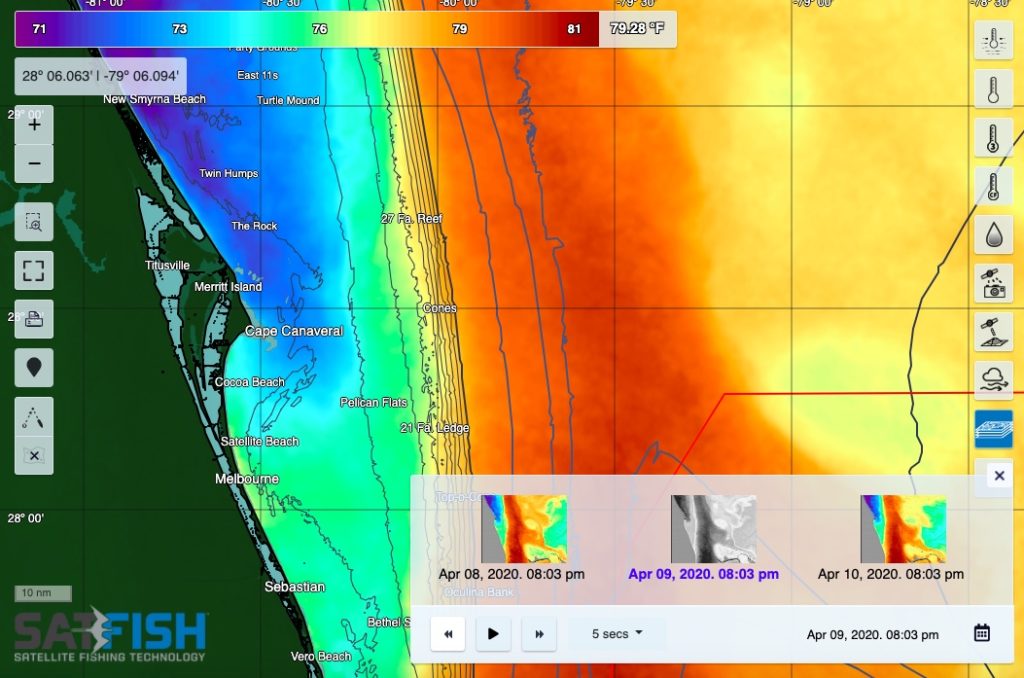 SatFish fishing maps layer history with thumbnail previews to find the best SST from the last several days