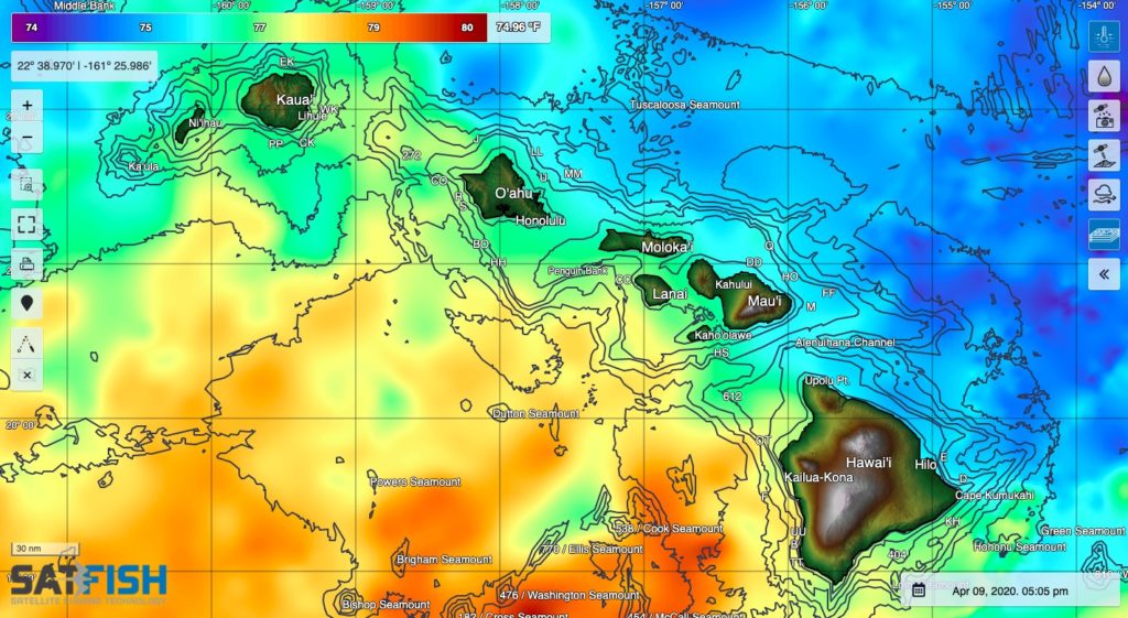 SatFish Hawaii Cloud-Free Sea Surface Temperature (SST) offshore fishing map