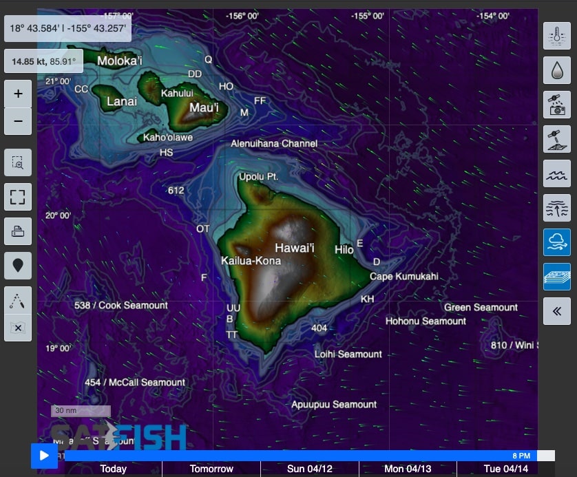 Satfish Maui and Kona Hawaii wind forecast fishing map