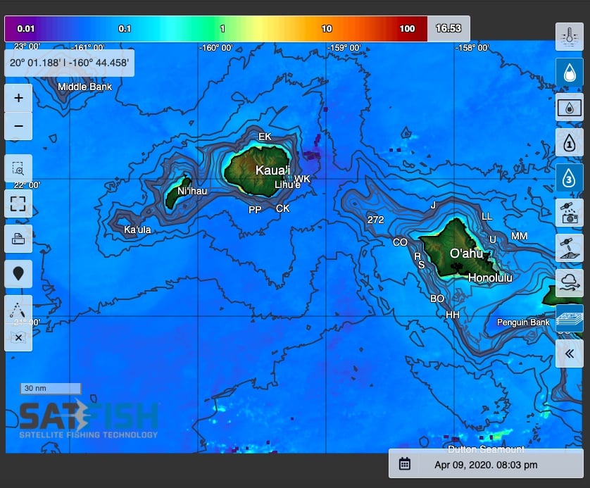 SatFish Oahu and Kauai Chlorophyll concentration offshore fishing map