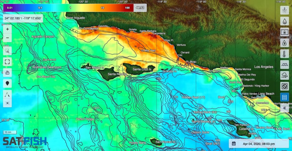 SatFish Southern California chlorophyll concentration fishing map