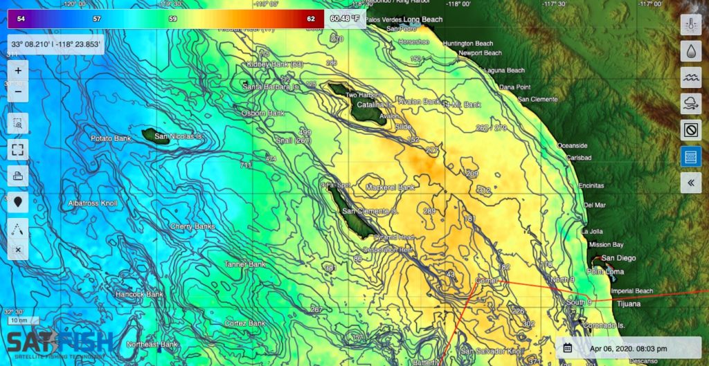 SatFish Southern California Sea Surface Temperature (SST) Fishing Map