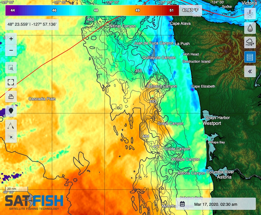 SatFish Washington sea surface temperature fishing map