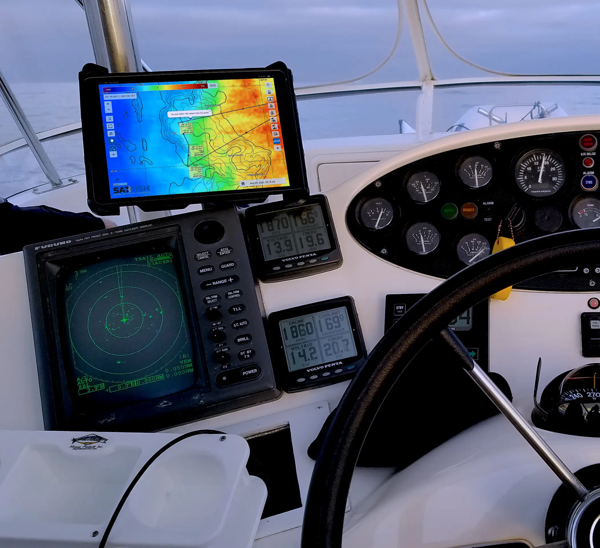 SatFish mobile app iPad mounted to boat helm