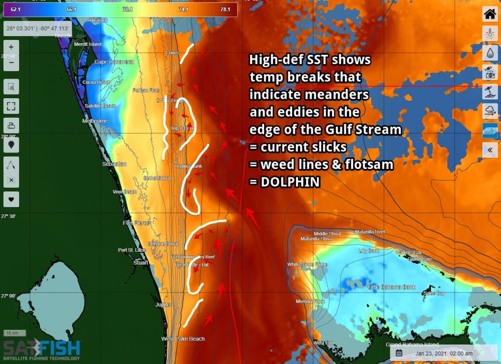 How to catch dolphin using SatFish high-def SST to find current breaks and weed lines in Florida