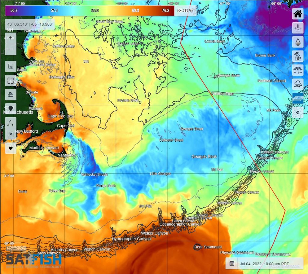 Sea surface temperature (SST) chart of Cape Cod and the northeast canyons for offshore fishing