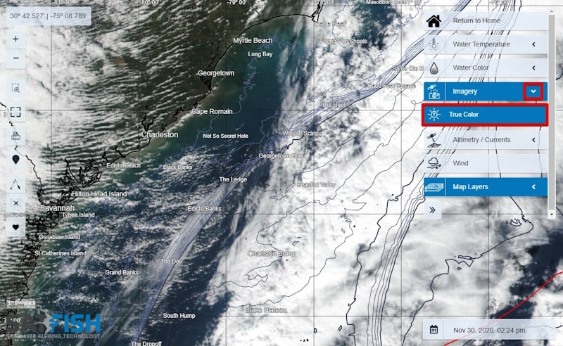 SatFish true color satellite image showing cloud cover over North Carolina