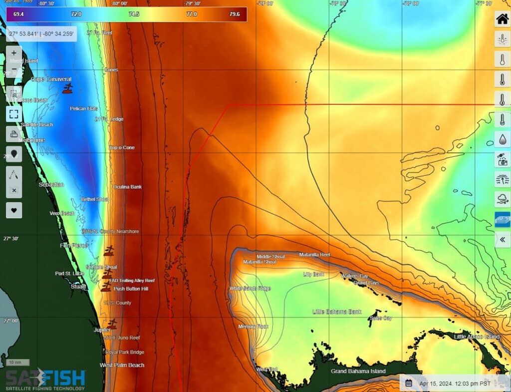 3-day composite satellite sea surface temperature (sst) for the east coast of Florida