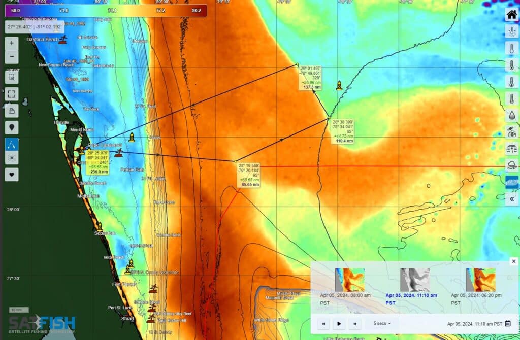 SatFish sea surface temperature (sst) map showing the Gulf Stream and yellowfin tuna fishing grounds on the "otherside"