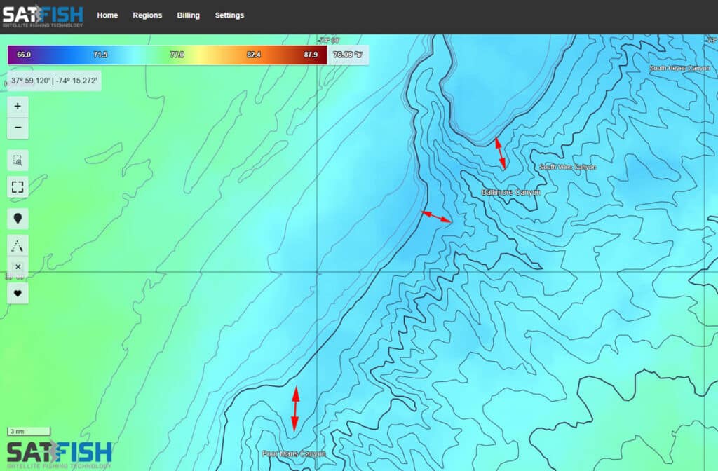 SatFish SST map showing where golden tilefish live