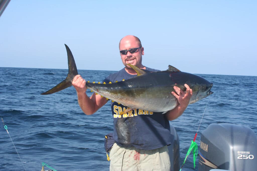 Angler holds up large yellowfin tuna caught using the Green Bird/Triple Green Machine Rig for offshore trolling.