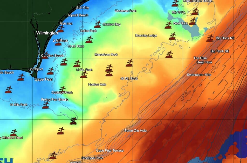SatFish map of SST off North Carolina.