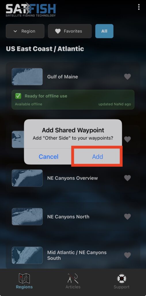 click the add shared waypoint to add the waypoint to your SatFish offshore fishing maps.