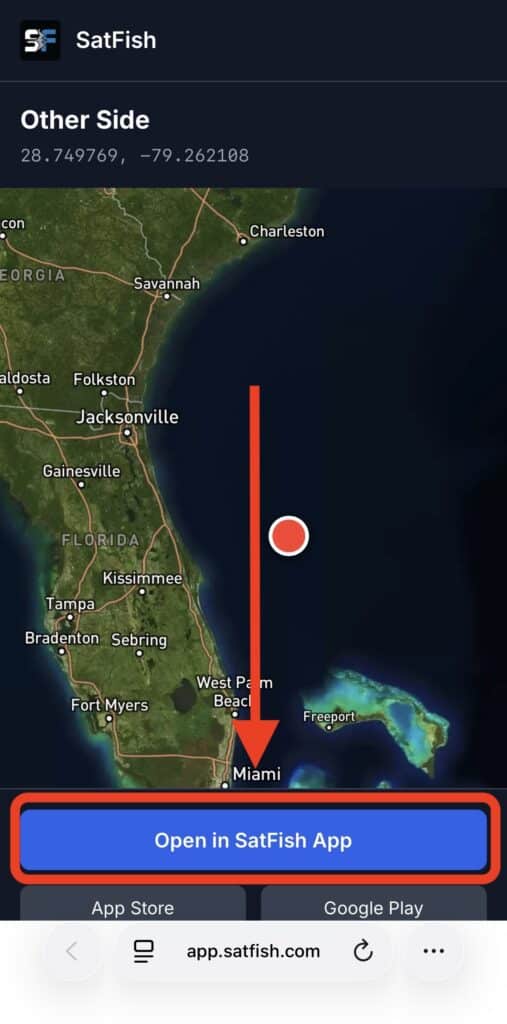 Click the open in satfish app button in your browser to add the shared waypoint into your satfish offshore fishing maps app.