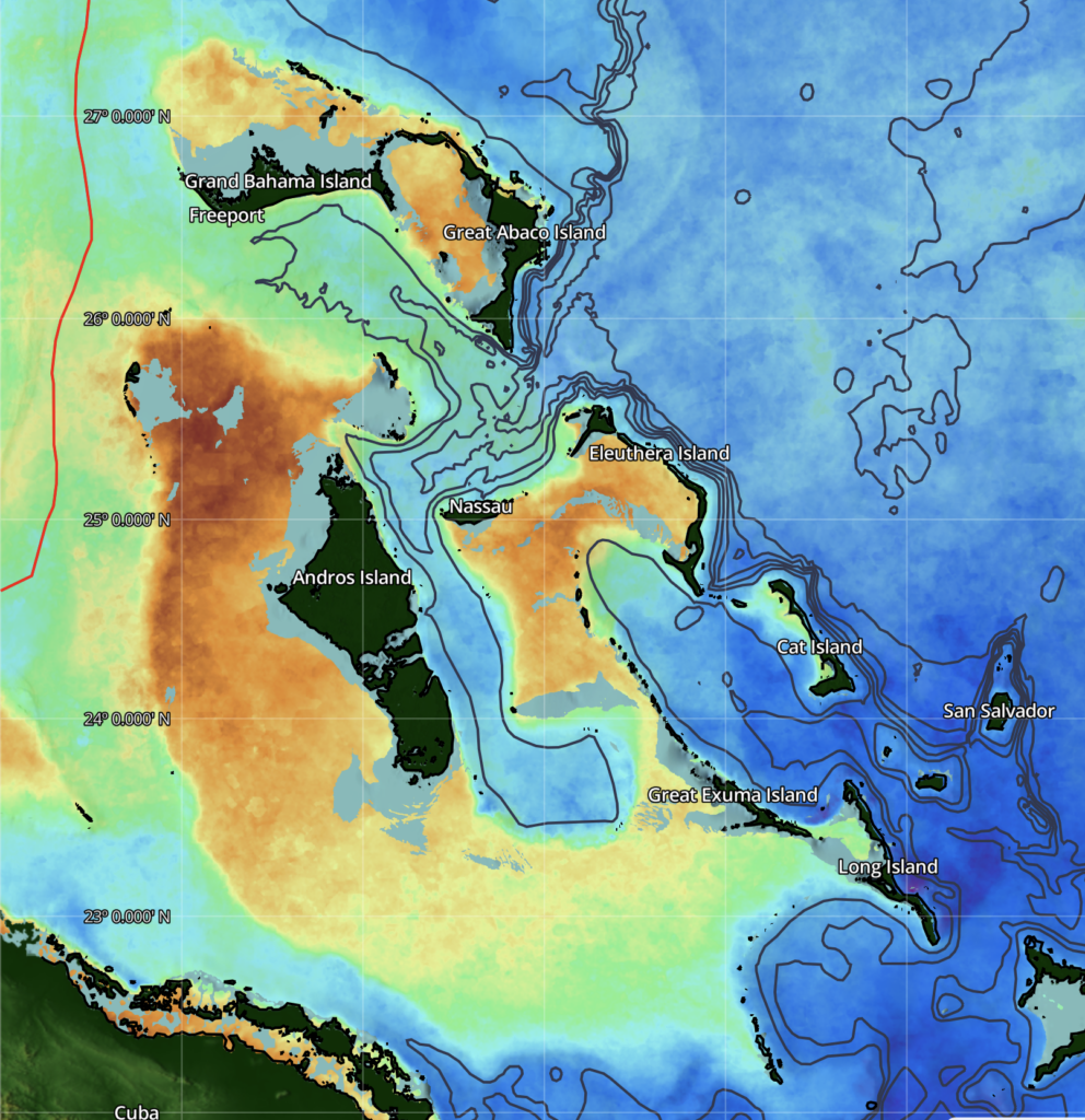 Bahamas Offshore fishing maps with SatFish sea surface temperature.
