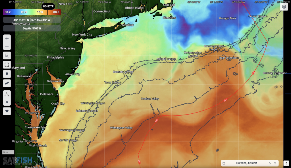 SatFish image of the NE Canyons with the seas surface temperature maps.