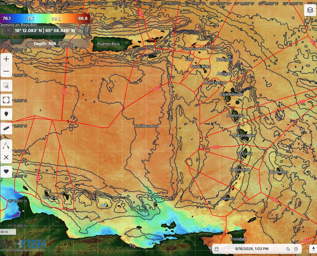 SatFish East Caribbean Overview offshore fishing map with Sea Surface Temperature.