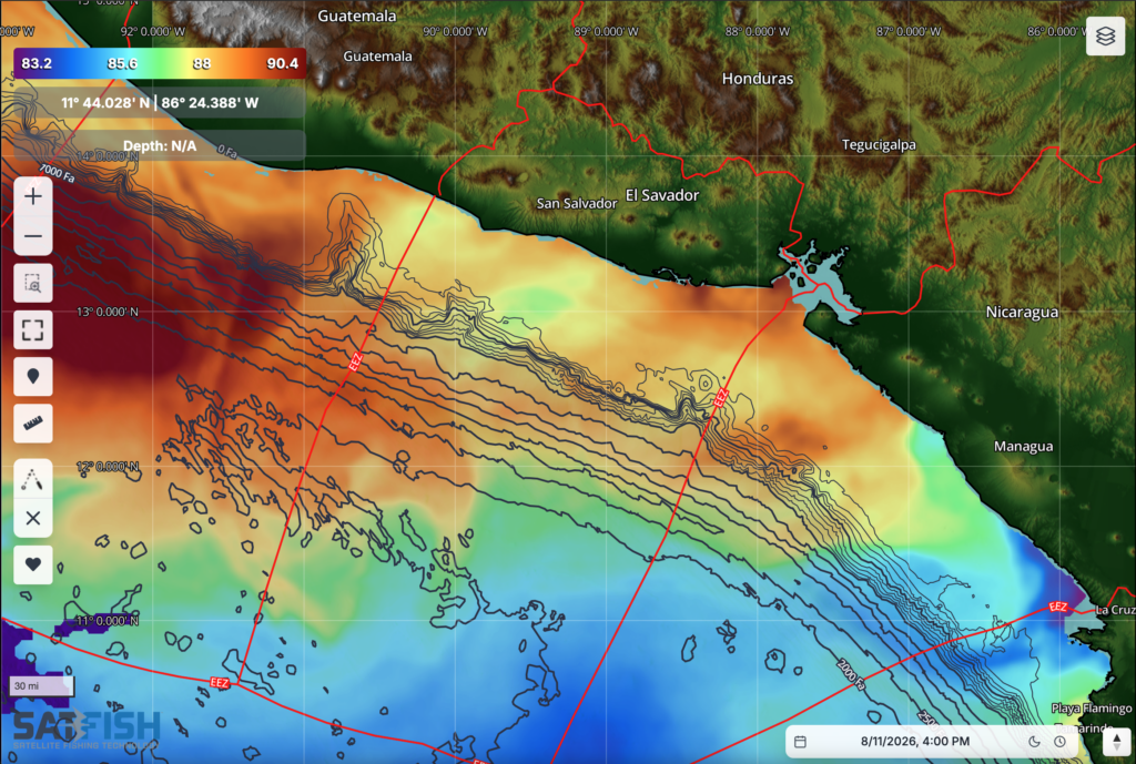 SatFish offshore fishing map with seas surface temperature layer on for Guatemala, El Salvador, and Nicaragua.