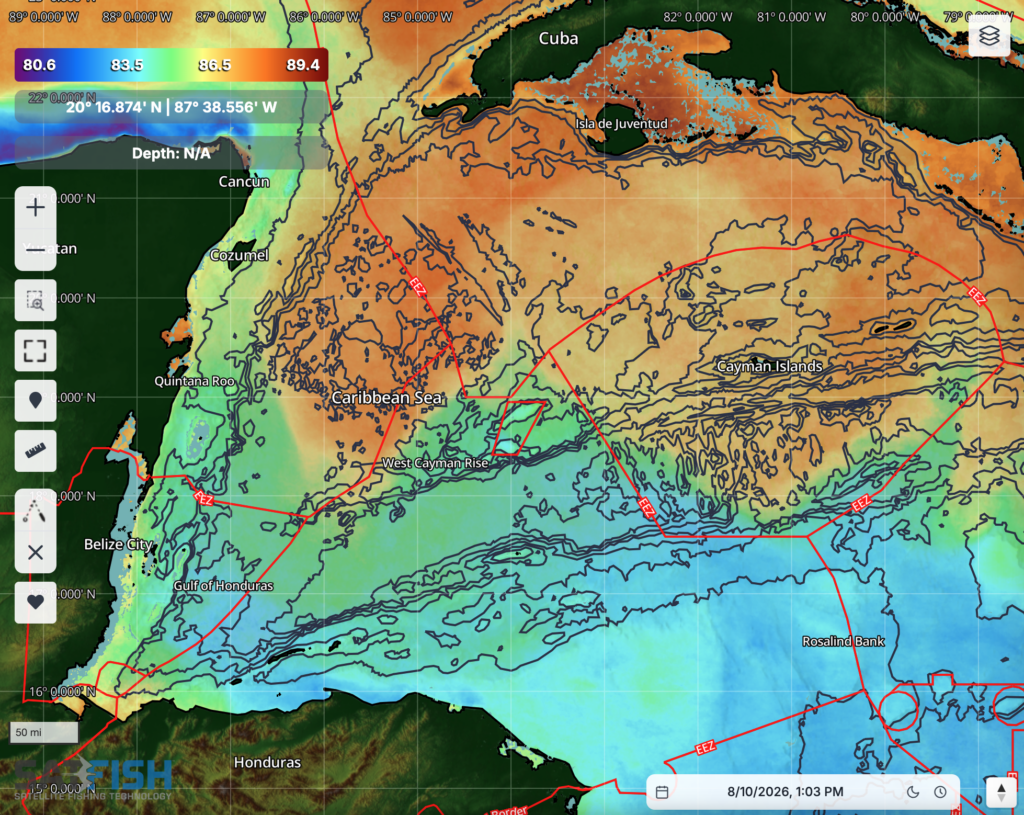 SatFish Seas Surface Temperature offshore fishing map for the Northwest Caribbean.