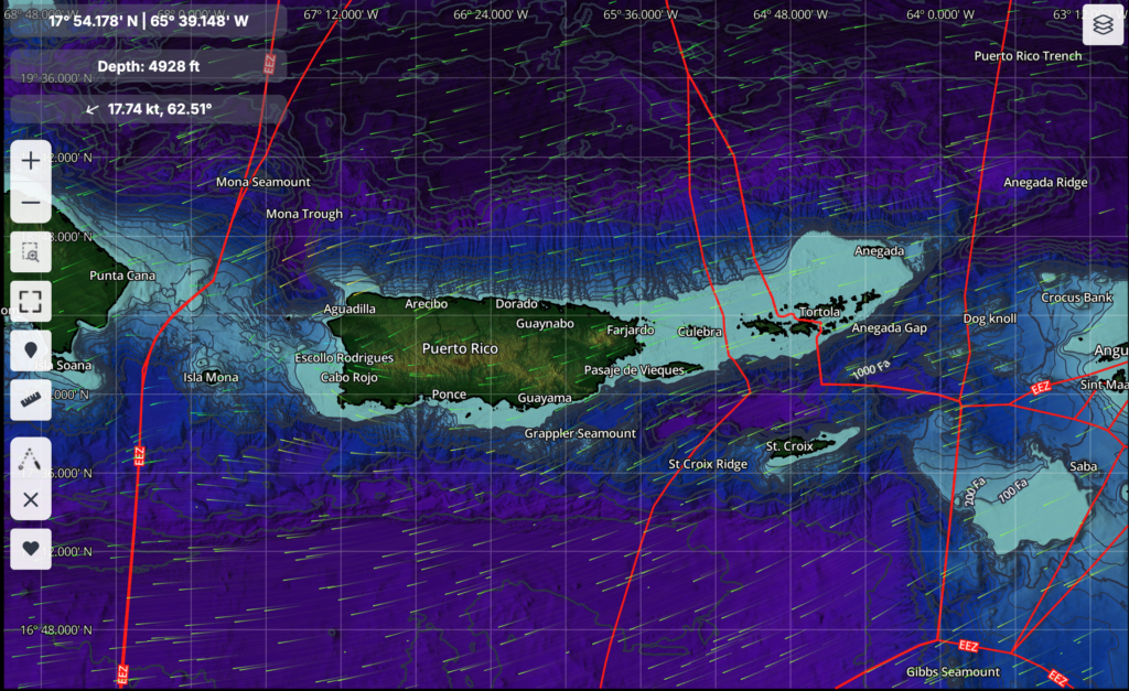 SatFish Puerto Rico offshore fishing map with the 5-day wind forecast.