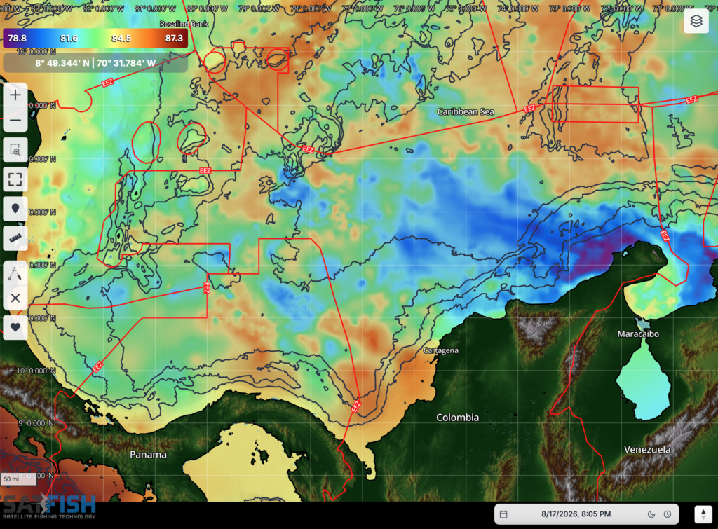 SatFish Southwest Caribbean overview offshore fishing map.